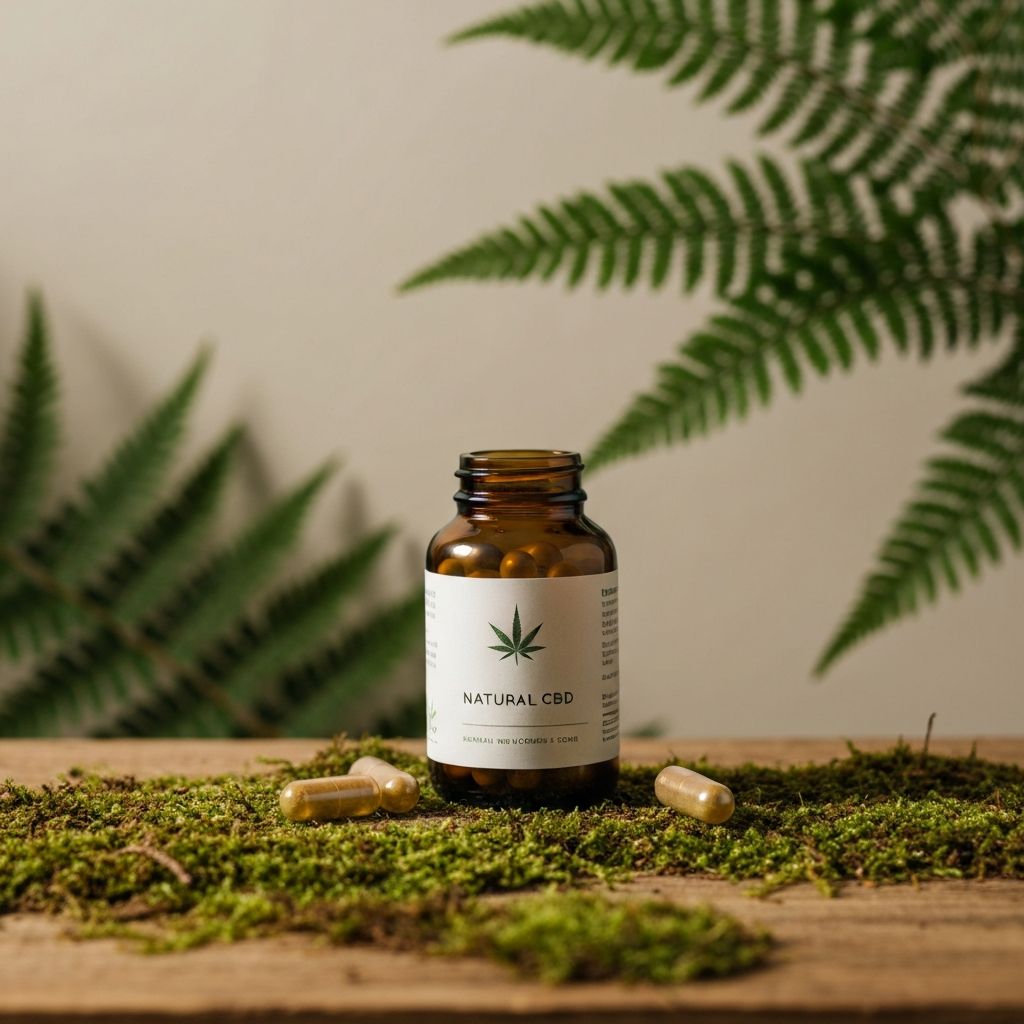 CBD capsules in amber glass bottle on moss-covered surface